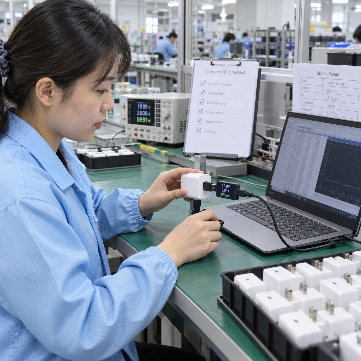 Asian technician testing fast charger output at the factory