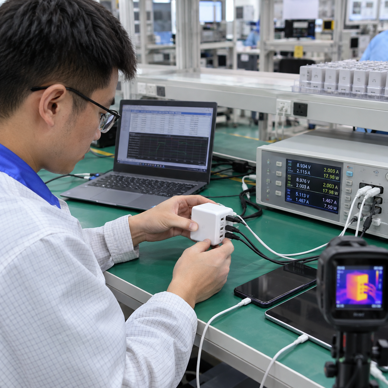 Asian technician testing GaN charger output and thermal behavior