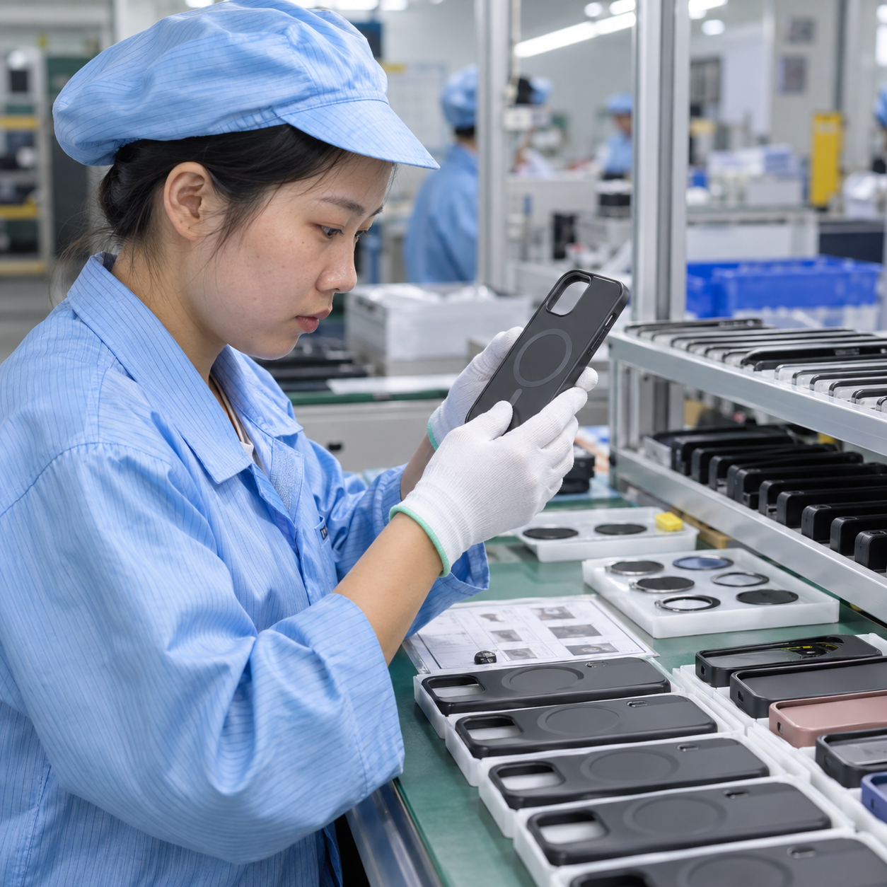 Asian technician completing consumer-electronics quality-control testing