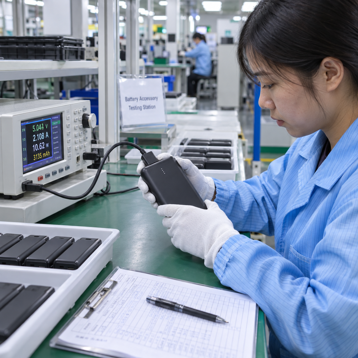 Asian technician conducting power bank quality-control testing