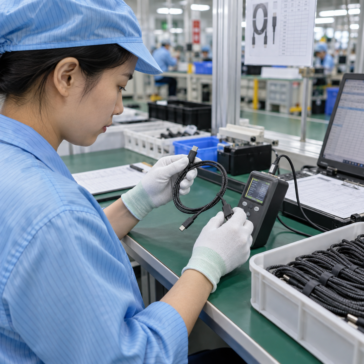 Asian technician completing consumer-electronics quality-control testing